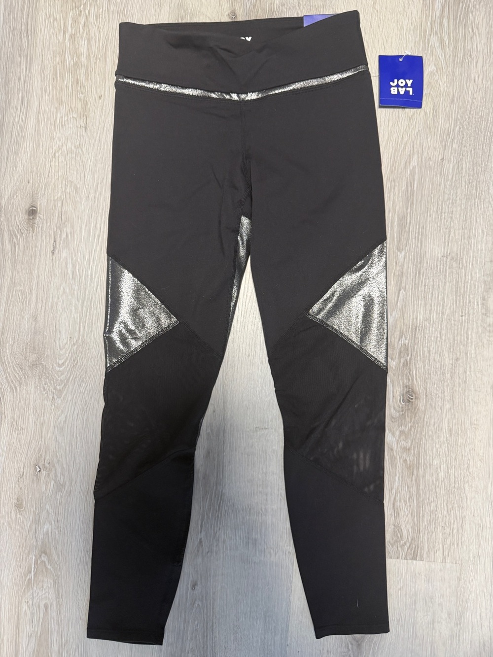 JoyLab Black Leggings with Metallic Silver & Mesh Accents 7/8 Length NWT Small